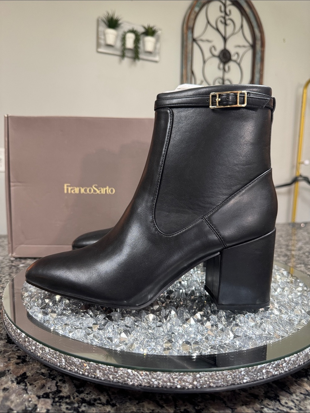 Franco Sarto Tributes Black Ankle Booties with Gold Buckle NEW 11